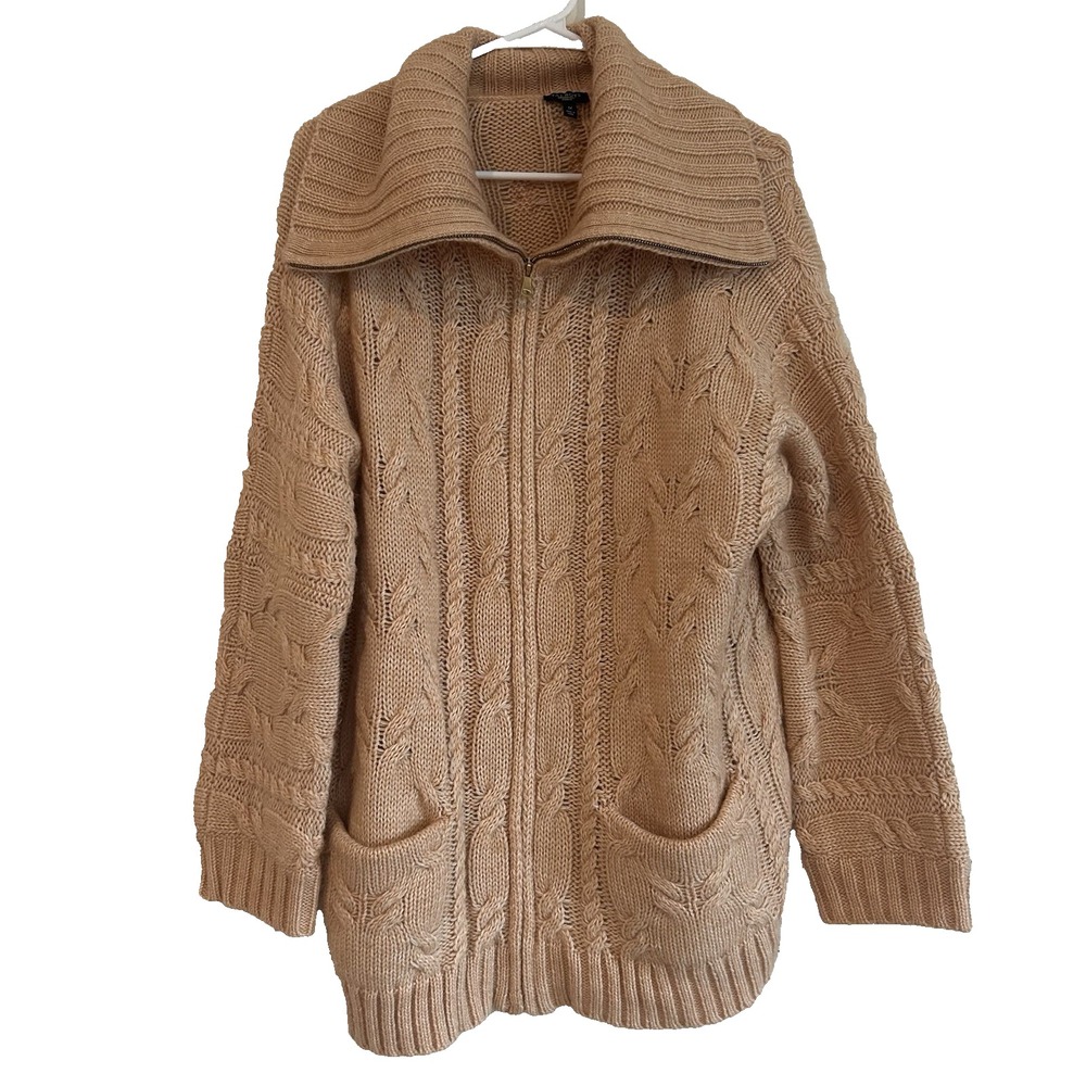 Talbots Cable Knit Cardigan Sweater Sz 1X Zip Up Alpaca Wool Blend Pockets
